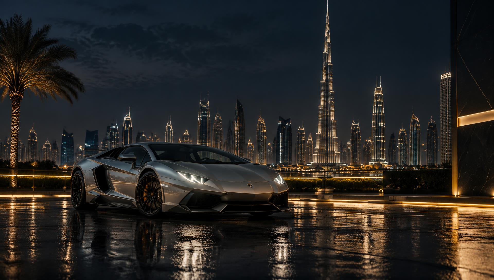 Luxury car in front of the Dubai skyline at night